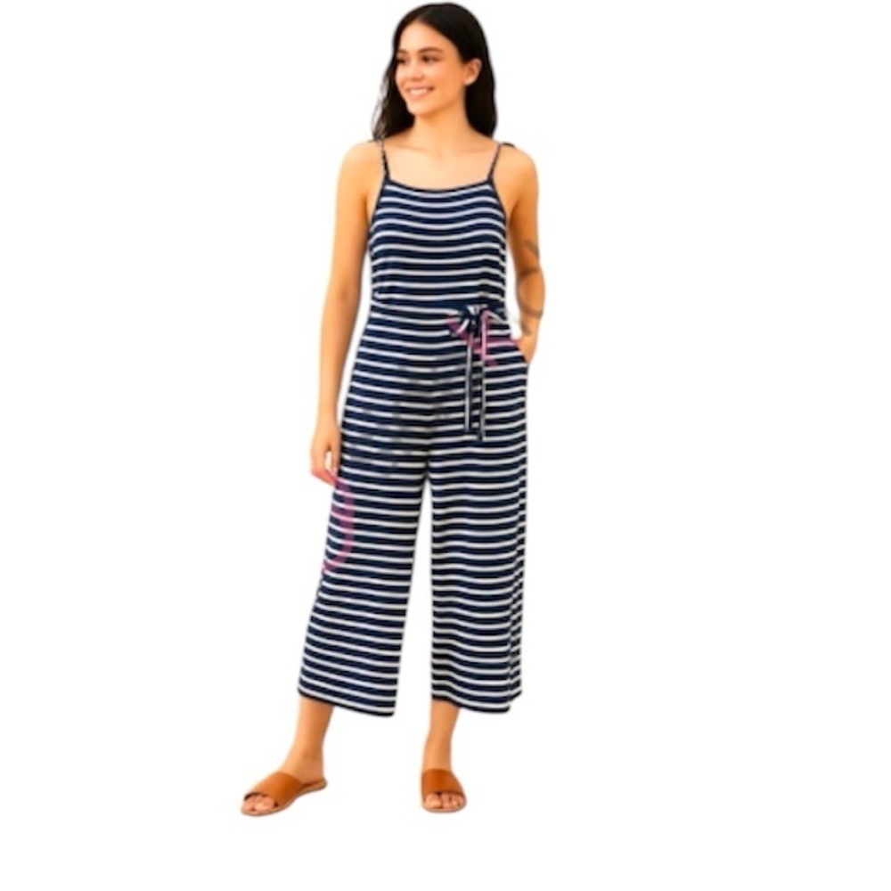Monteau Striped navy blue and White waist tie Jumpsuit size S